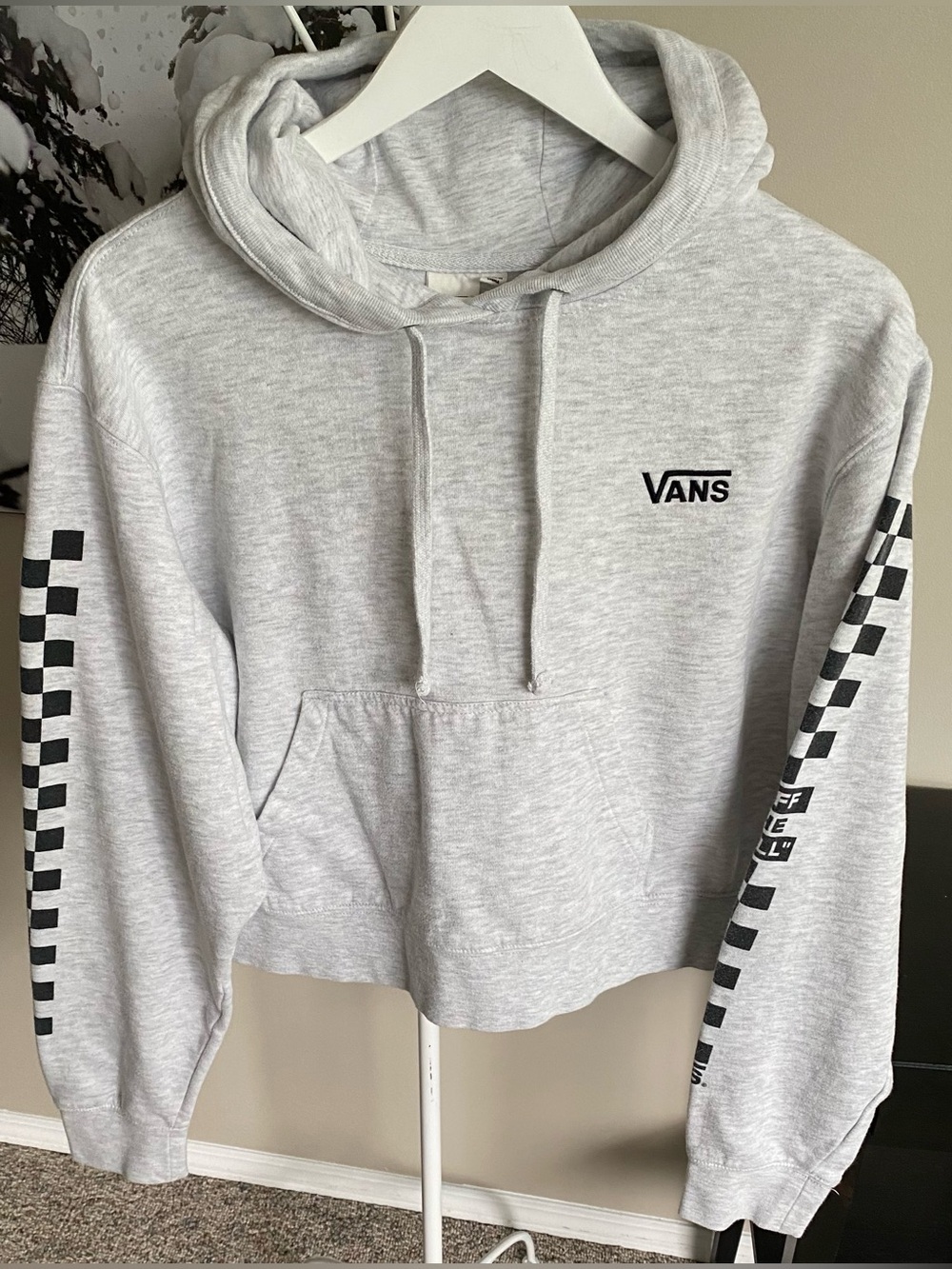 Vans Light Gray Cropped Hoodie with Checkerboard Sleeve